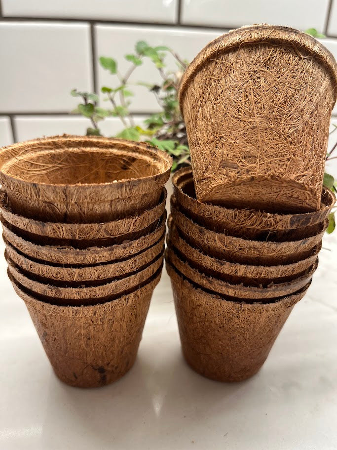 Stack of brown coir pots on a white surface with a blurred plant in the background.