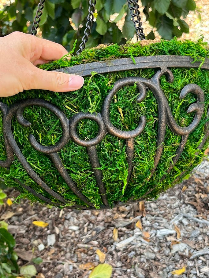 Decorative moss-covered hanging basket with wrought iron design held by a hand.