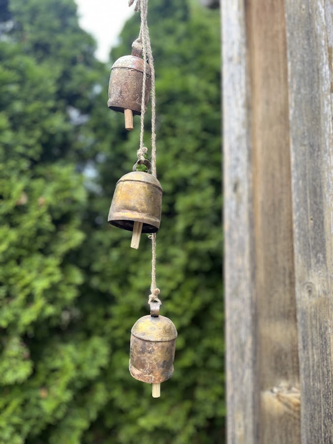 Three brass bells hanging on a string against a blurred green background