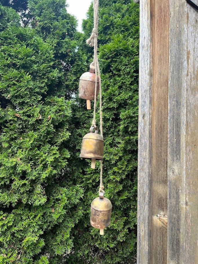 Three metal bells hanging on a rope against a green bush background