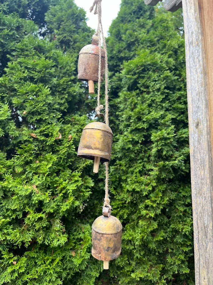 Three rusted metal bells hanging on a rope against a green leafy background