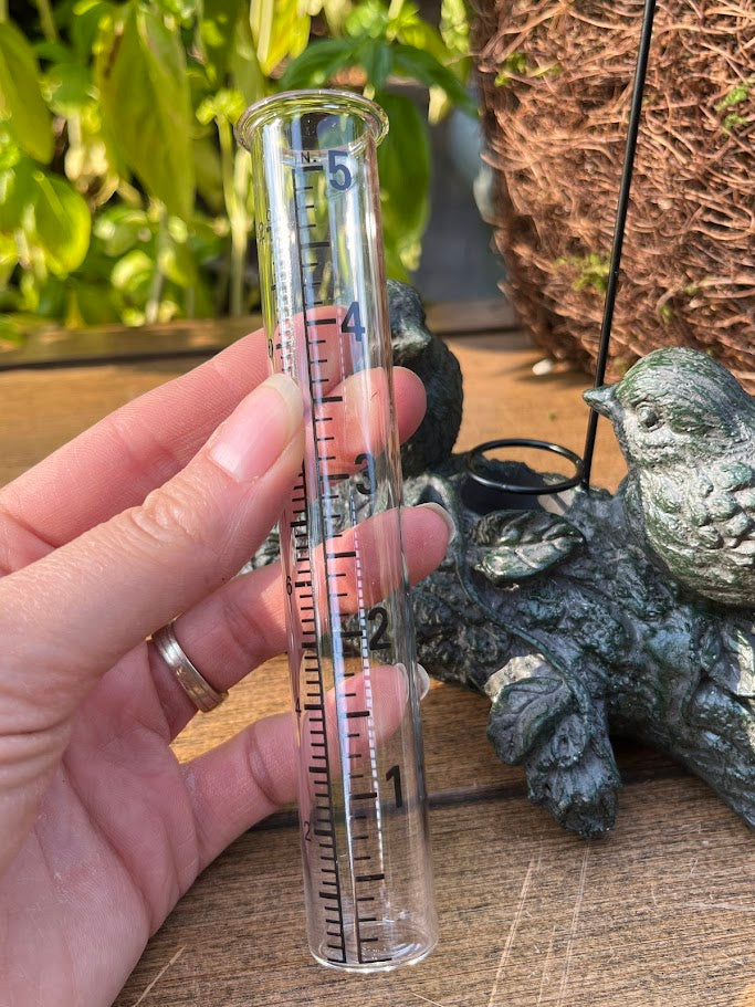 Hand holding a clear graduated cylinder with measurement markings outdoors