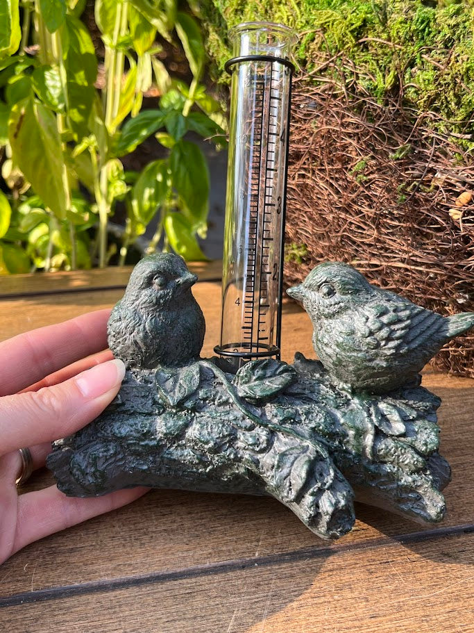 Decorative rain gauge with bird sculptures on a wooden surface