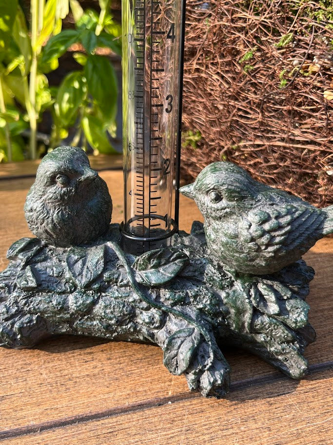 Decorative bird figures with a rain gauge on a wooden surface