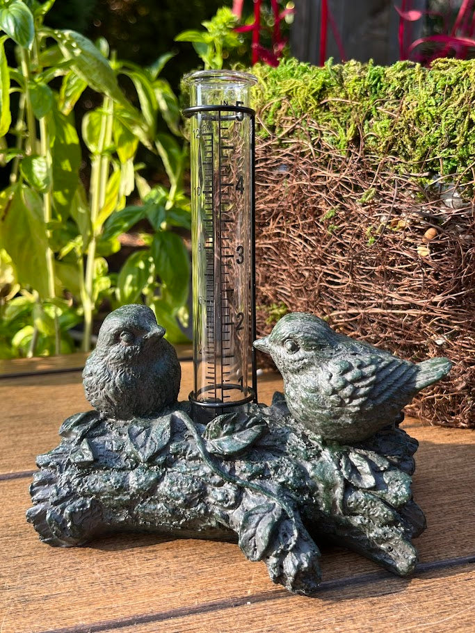 Decorative garden scene with bird statues and a rain gauge on a wooden surface.