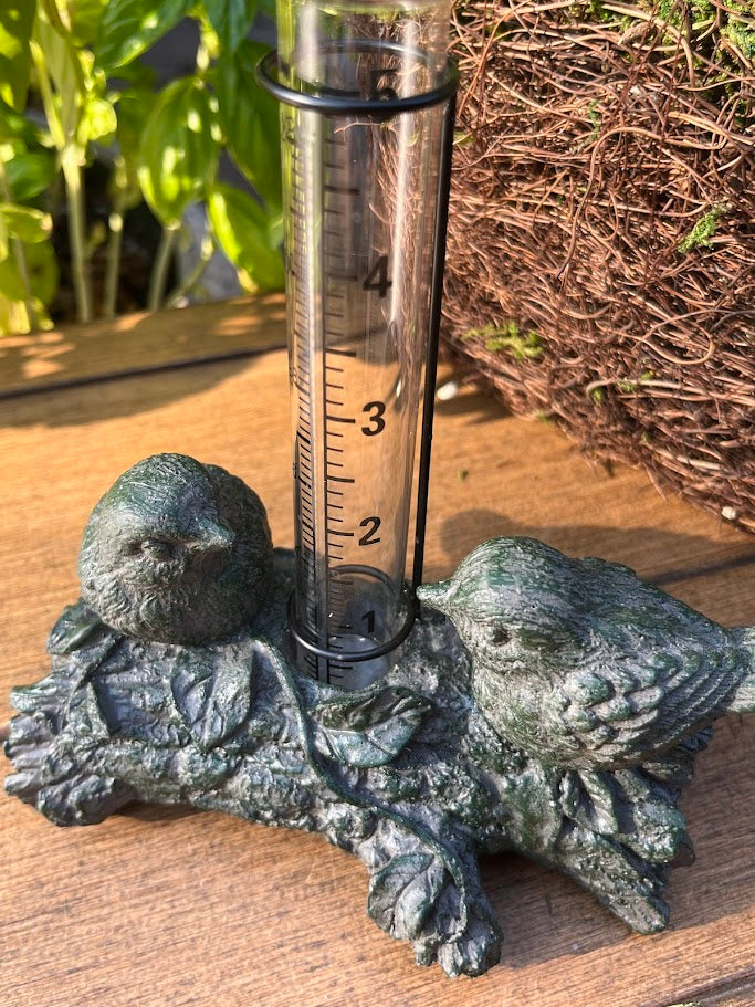 Decorative rain gauge with bird sculptures on a wooden surface