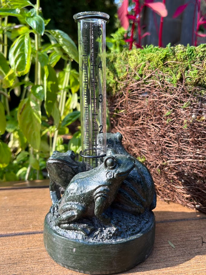 Decorative rain gauge with frogs on a wooden surface outdoors