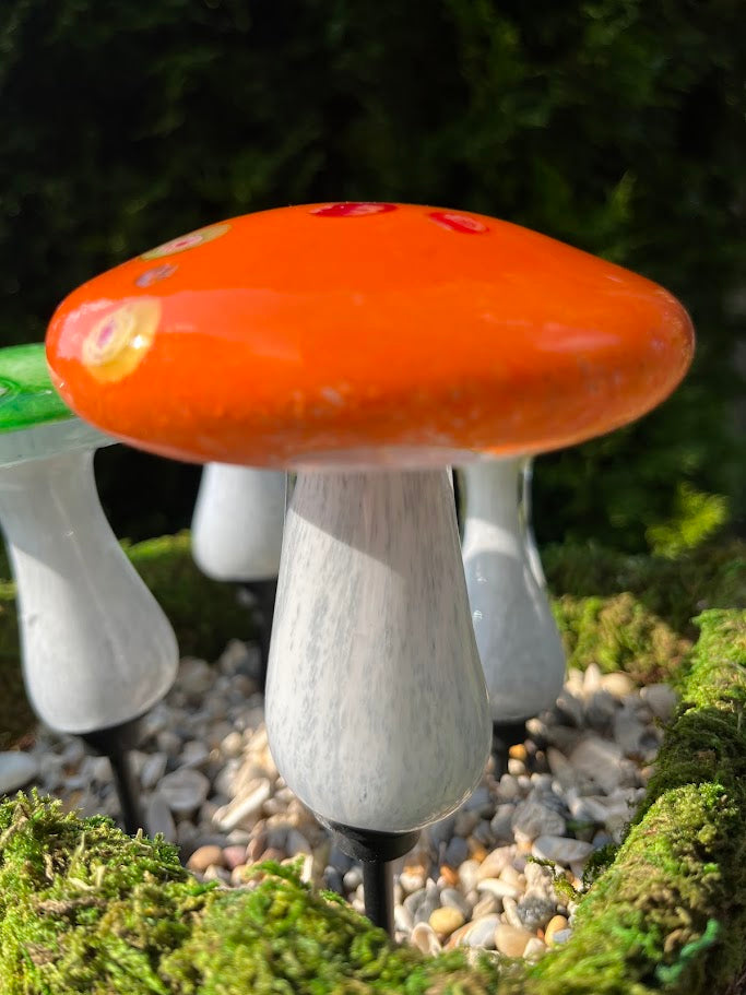 Decorative mushroom with an orange cap on a green background