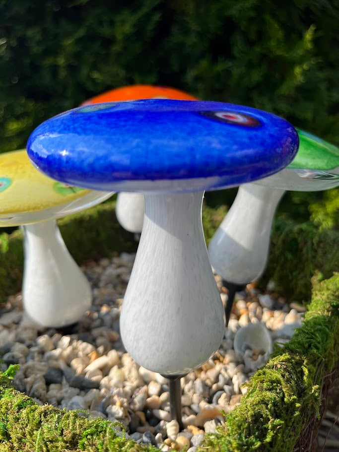 Colorful mushroom-shaped objects on a pebbly surface with greenery in the background