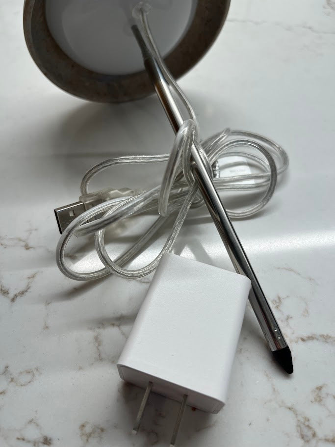 Small lamp with a white bulb inside a pot of green plants against a tiled wall.