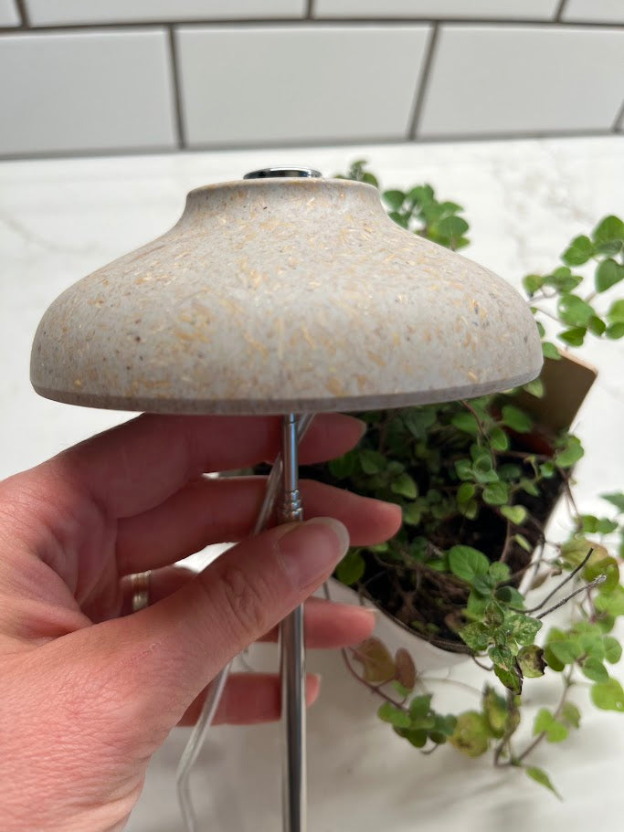 Small lamp with a white bulb inside a pot of green plants against a tiled wall.