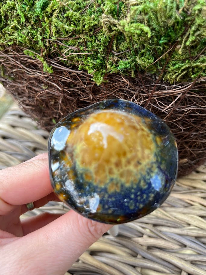 Hand holding a polished stone with a natural background of moss and twigs