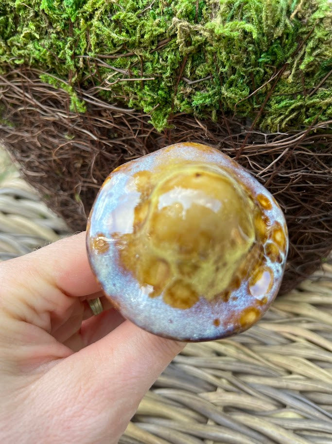 Person holding a round, colorful stone with a natural background of green moss and brown twigs.