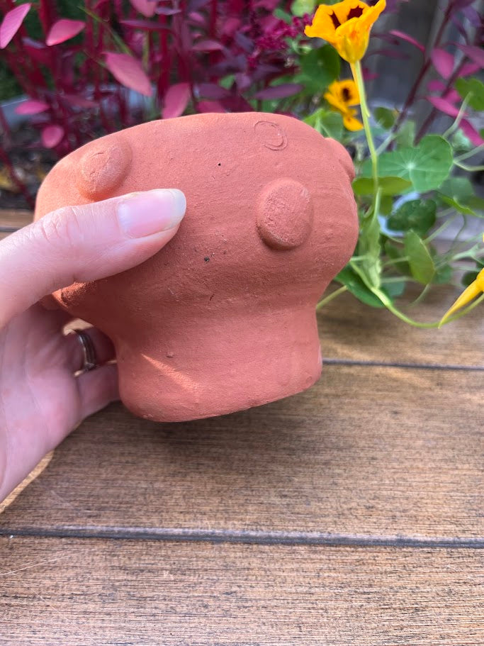 Terra cotta pot shaped like a mushroom on a wooden surface with flower in background.