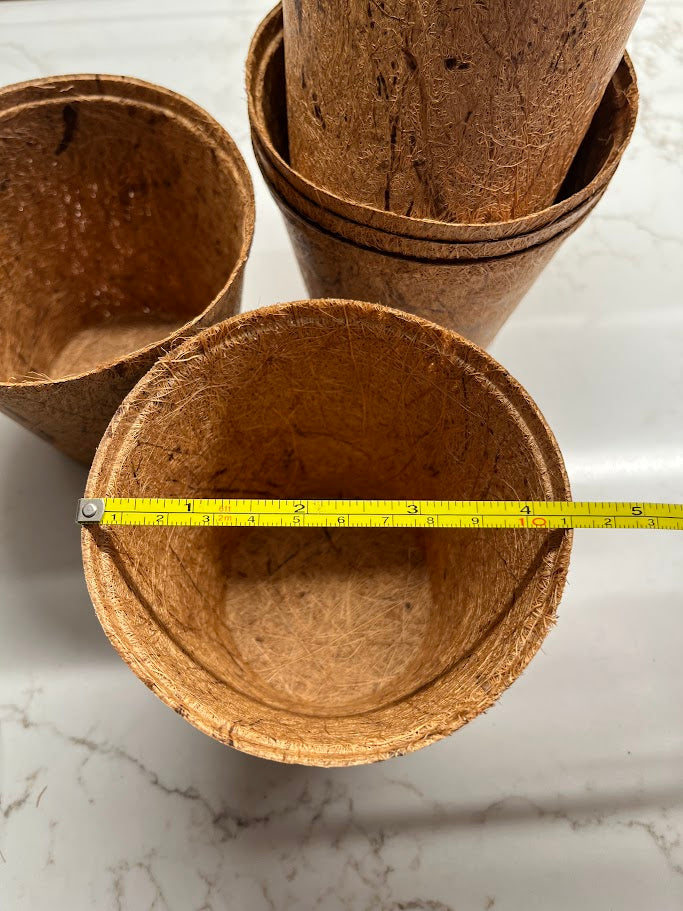 Three brown coir pots with a measuring tape on a white marble surface