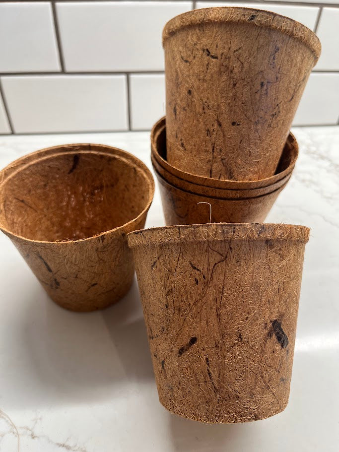 Set of brown biodegradable pots on a white surface with tiled wall background