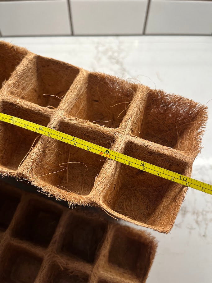 Coconut coir seedling tray with a measuring tape on a white tiled floor