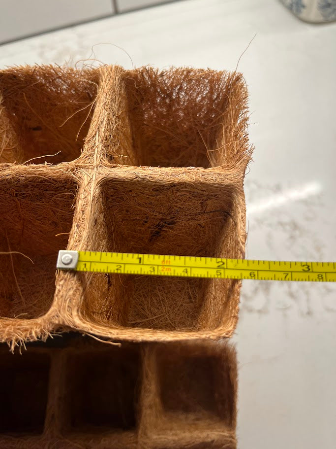 Measuring tape on a grid of coconut coir pots on a reflective surface