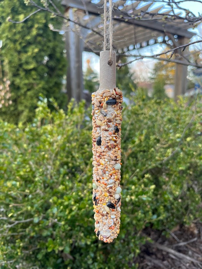 Birdseed feeder hanging outdoors with greenery in the background
