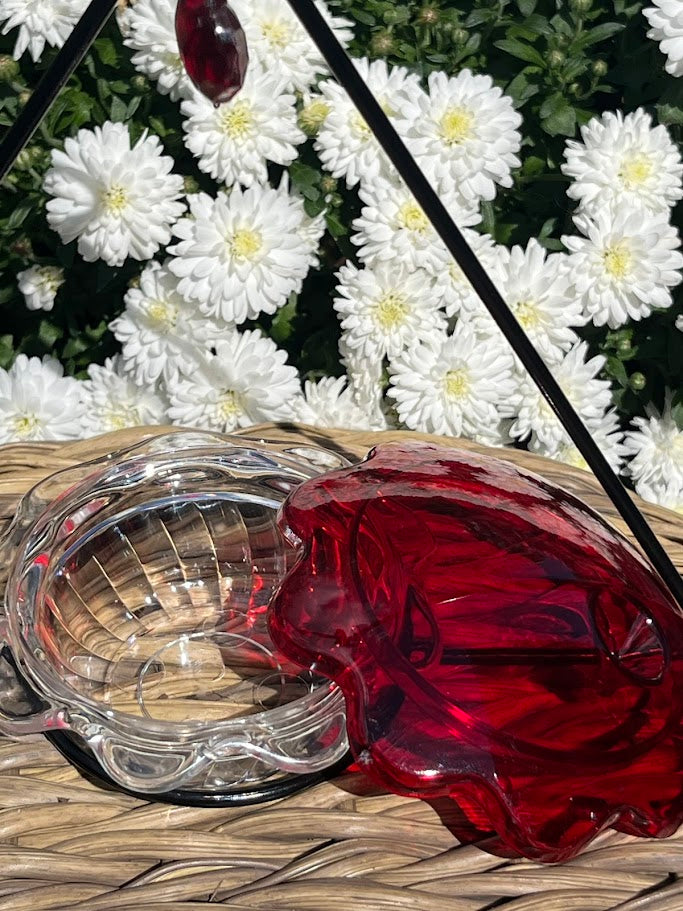 Hummingbird Feeder Dish with white flowers in background