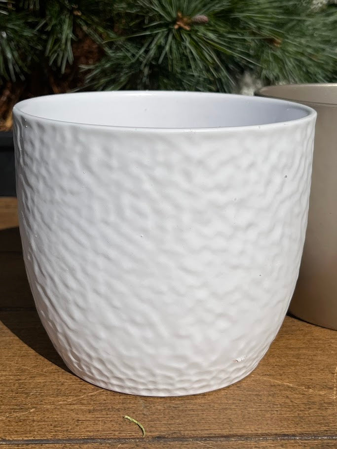 White textured plant pot on a wooden surface with greenery in the background