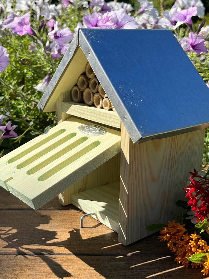 Wood Pollinator and ladybug House with Tin Roof - Luxe Natural