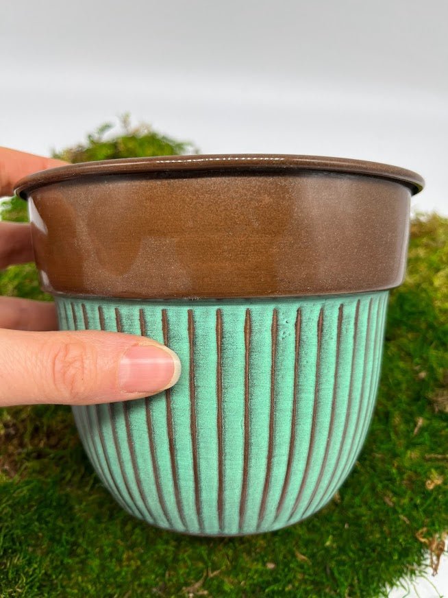 Copper and teal 6" striped metal Planter Pot
